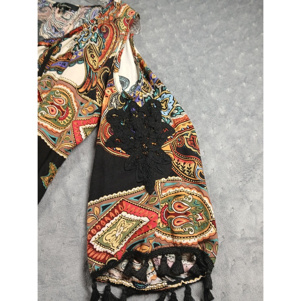 Caleoos Paisley Cold Shoulder Tunic Top M Tassels Artsywear Festival Boho - Picture 5 of 8